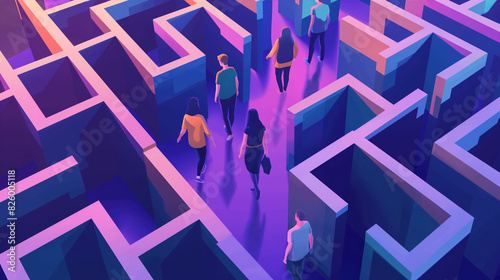 A group of people walk in maze, looking for a way out. Business concept, teamwork, strategic, and business opportunity. Problems and solutions concept. photo