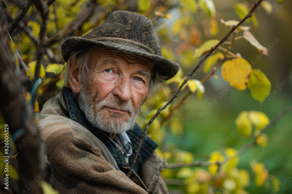 Portrait of elderly man in autumn foliage with hat Portrait of elderly man in autumn foliage with hat