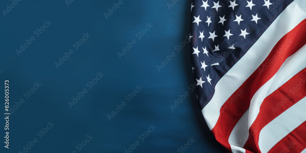 American flag on blue background. Banner for Flag Day, Independence Day, Memorial Day. Flat lay, top view. Copy space for text. Mock up. Close up. American flag on blue background. Banner for Flag Day, Independence Day, Memorial Day. Flat lay, top view. Copy space for text. Mock up. Close up.