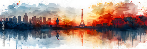 Watercolor illustration of a golfer with the Eiffel Tower in the background, celebrating the Olympic Games in Paris with vibrant colors with copy space