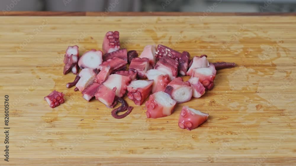 Zoom out of chopped octopus on cutting board Zoom out of chopped octopus on cutting board
