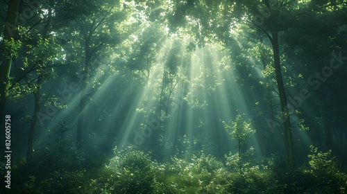 A dense forest with tall  green trees and sunlight filtering through the leaves List of Art Media Photograph inspired by Spring magazine