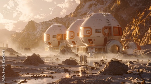 futuristic space habitat or colony on the distant exoplanet with advanced life support systems photo