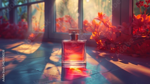 a perfume bottle on a table in front of a window. AI generate illustration photo