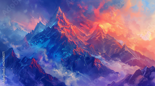 painting of a mountain range at sunset