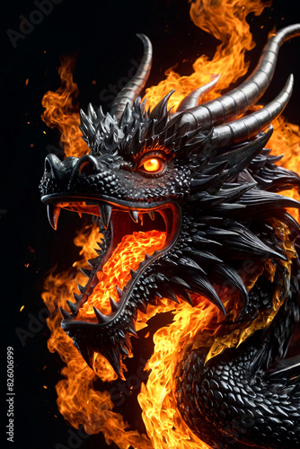 Fire chinese dragon head with flame fire at black background  logo design. Portrait  face  of creative dragon in shadow. Logotype concept. Cartoon illustration  generate Ai image. Copy ad text space