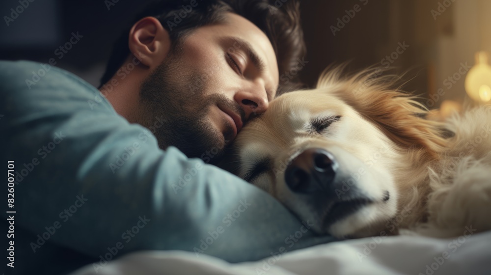 Handsome man in pajamas sleeping on bed while hugging his golden retriever