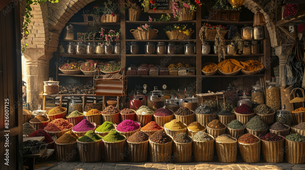 A scene of an herb and spice market stall with baskets overflowing with fresh herbs