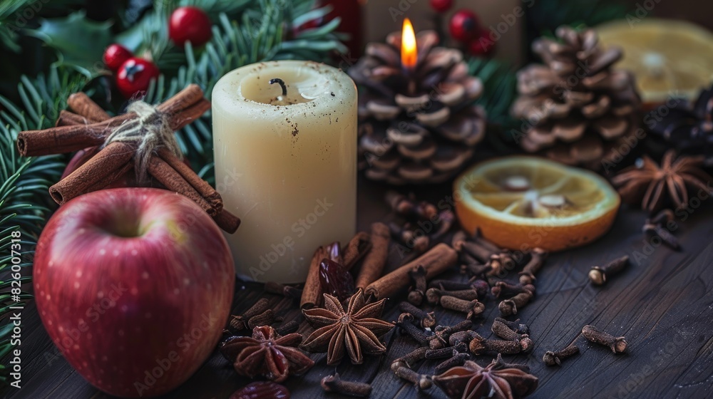 Christmas themed table ornament with apple candle cinnamon raisins cloves and orange peel creating a festive ambiance Christmas themed table ornament with apple candle cinnamon raisins cloves and orange peel creating a festive ambiance