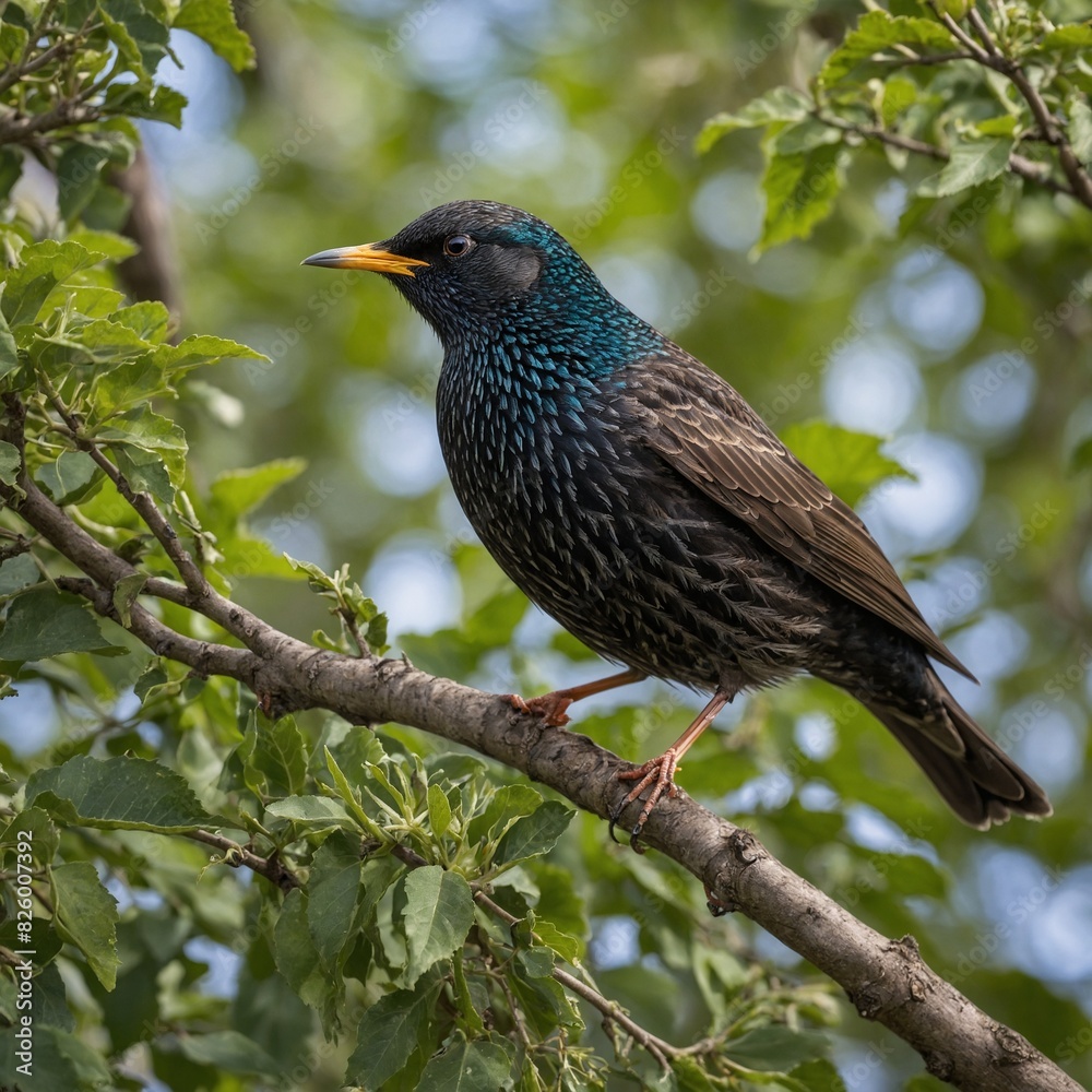 Fototapeta premium Close-up of a starling on a tree branch in the garden