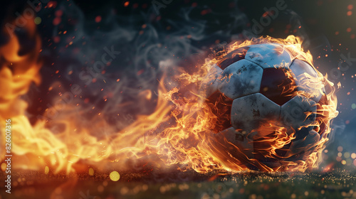 An image of a football on fire, exuding the energy and passion of the sport. The fiery tongues surrounding the ball create a sense of movement and intensity, capturing the spirit of competition.