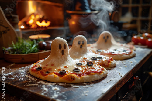 A ghostly pizza in the making on a kitchen counter photo