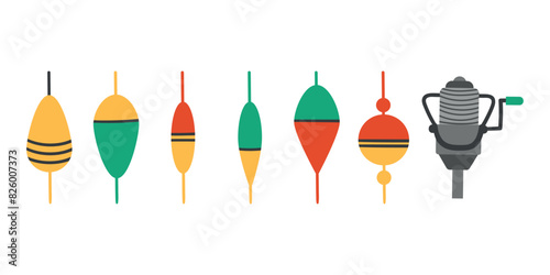 Vector set of fishing accessories, bait, tackle. Fishing illustration, color icons, badges, eps 10