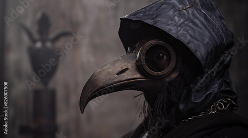The character of a doctor fighting the plague, who attracts attention with his dark aura. Symbolic masks, with her elongated beak, and a gloomy outfit. photo