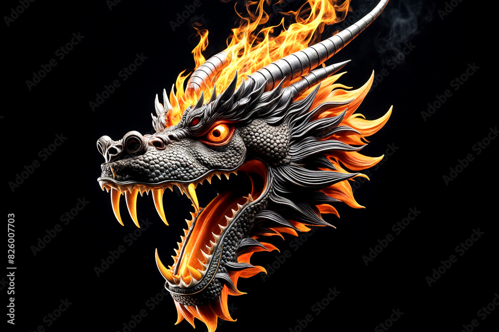 Fire chinese dragon head with flame fire at black background, logo ...
