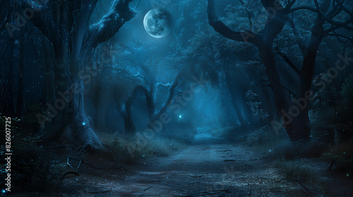 A mysterious and captivating path in the forest illuminated by the moonlight, surrounded by mysterious and dark trees, creates a magical and slightly scary atmosphere in nature. photo