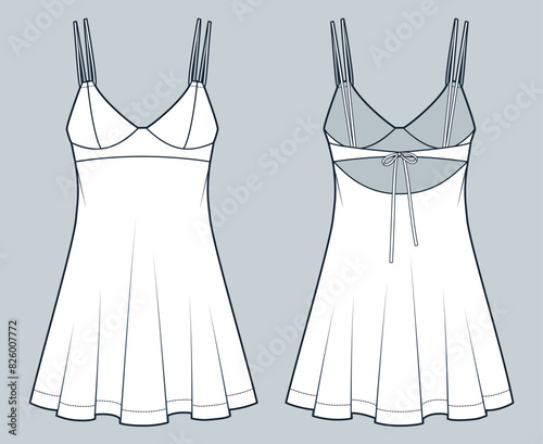 Slip Dress technical fashion illustration. Bustier mini Dress fashion flat technical drawing template, A-line, front and back view, white, Women's Dress CAD mockup.