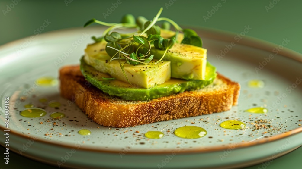 Gourmet avocado toast with layers of avocado and seasoning served on an elegant plate with detailed presentation