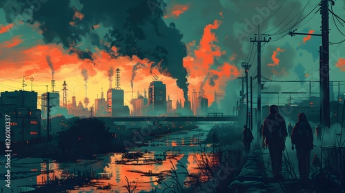 Dystopian Urban Skyline with Billowing Smoke and Shadowy Figures