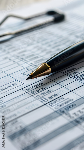 Close-Up of a Detailed Financial Budget Plan Document on a Clean Desk with Pen, Emphasizing Organization and Accuracy in Financial Planning