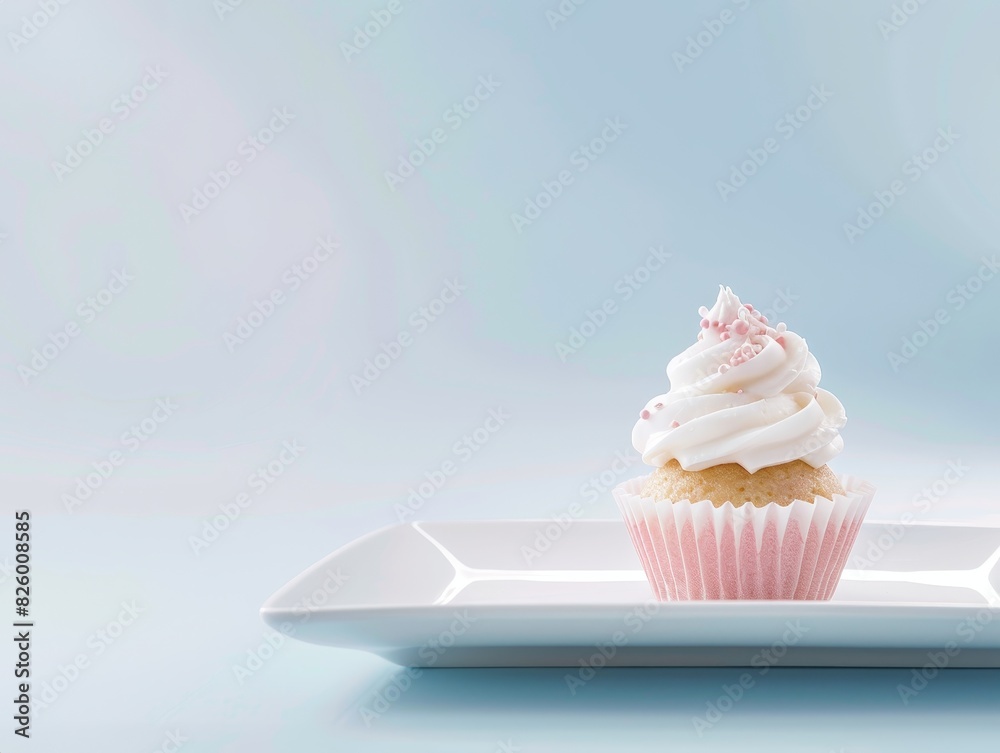 A delicious single cupcake with whipped cream and pink sprinkles on a modern white plate against a soft blue background A delicious single cupcake with whipped cream and pink sprinkles on a modern white plate against a soft blue background