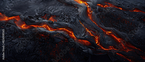 Cooling lava with fiery orange cracks photo