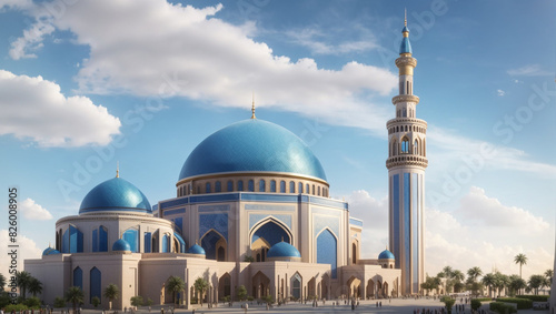 The image shows a large white and blue mosque with multiple domes and minarets.

 photo