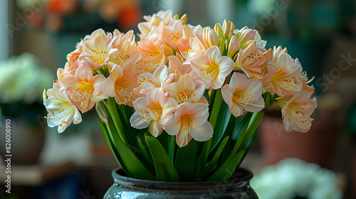 Blooming clivia miniata with delicate flowers,
Bouquet of beautiful Daffodils in glass vase photo