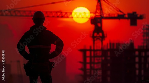 Construction worker at sunset looking at building under construction with tower crane in background