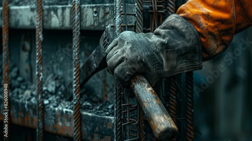 Construction worker in protective gloves using a hammer. © MNFTs