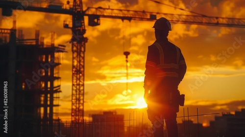 Construction worker standing on a building site at sunset