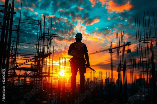 Construction worker standing on a building under construction at sunset.