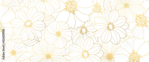 Luxury golden wild flower line art background vector. Natural botanical elegant flower with gold line art. Design illustration for decoration, wall decor, wallpaper, cover, banner, poster, card.