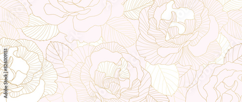 Luxury golden peony flower line art background vector. Natural botanical elegant flower on light background. Design illustration for decoration, wall decor, wallpaper, cover, banner, poster, card.