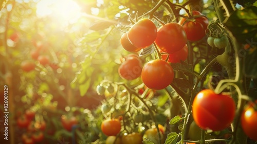 Beautiful tomato garden with ripe vines in sunlight - natures abundance in seasonal harvest