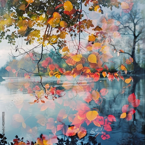 Autumn riverbank  close up  vibrant foliage  Double exposure silhouette with fallen leaves