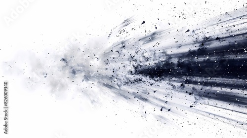 A trail of particles in an abstract background, with a radial blur effect and a dynamic atmosphere, isolated on solid white background