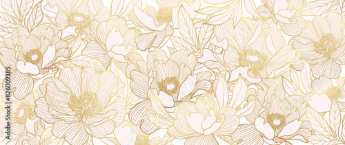 Luxury golden peony flower line art background vector. Natural botanical elegant flower on light background. Design illustration for decoration, wall decor, wallpaper, cover, banner, poster, card.