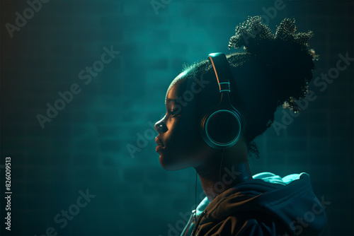 Portrait of an African American girl wearing headphones. Beautiful woman listens to music on headphones. Relaxation.