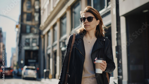 Stylish woman strolls city street with coffee in hand, radiating urban chic.