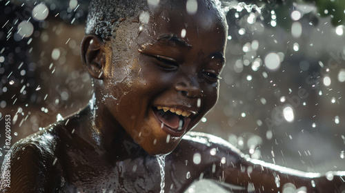 Joyful child laughing under a sprinkling of water droplets in sunlight.