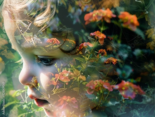 Little girl's face with double exposure of flowers.