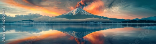 The image is a beautiful landscape of a volcano. The volcano is surrounded by a lake and the sky is filled with vibrant colors. The image is very peaceful and serene. photo