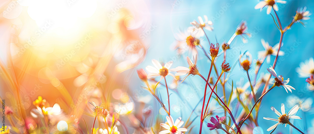Backlit daisies in a colorful, sunlit field