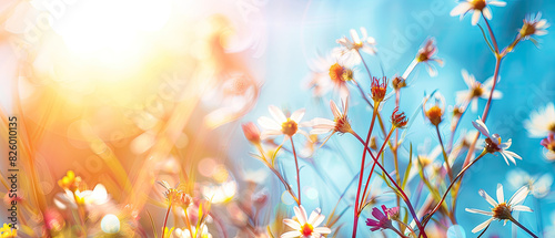 Backlit daisies in a colorful  sunlit field