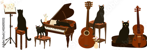 Illustration of a black cat with a classical musical instrument