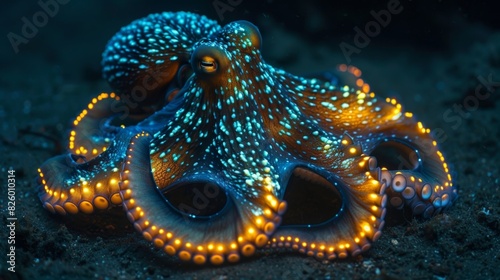 A bioluminescent octopus camouflaging itself against the dark ocean floor its body glowing with intricate patterns.