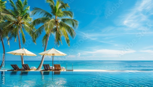 Luxury beach resort hotel with swimming pool, beach chairs, palm trees, and sunny sky