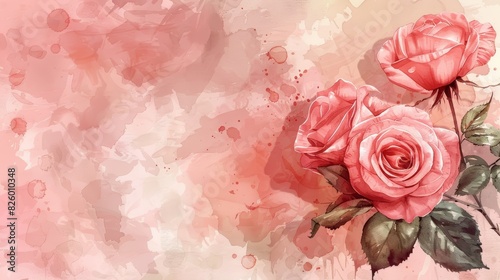 Beautiful watercolor painting of pink roses on a soft blush background  perfect for romantic and elegant designs.