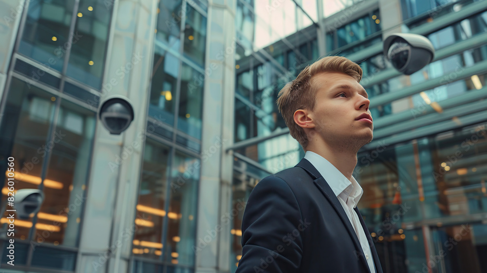 A young businessman in a suit looks at a building with a city street in the background A young businessman in a suit looks at a building with a city street in the background